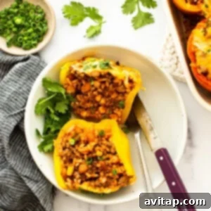 Mexican stuffed peppers on a white plate.