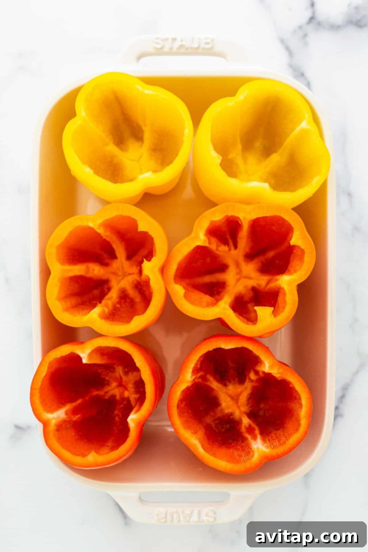 Bell peppers in a casserole dish.