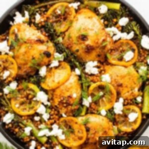 Lemon chicken skillet, beautifully plated and ready to serve.