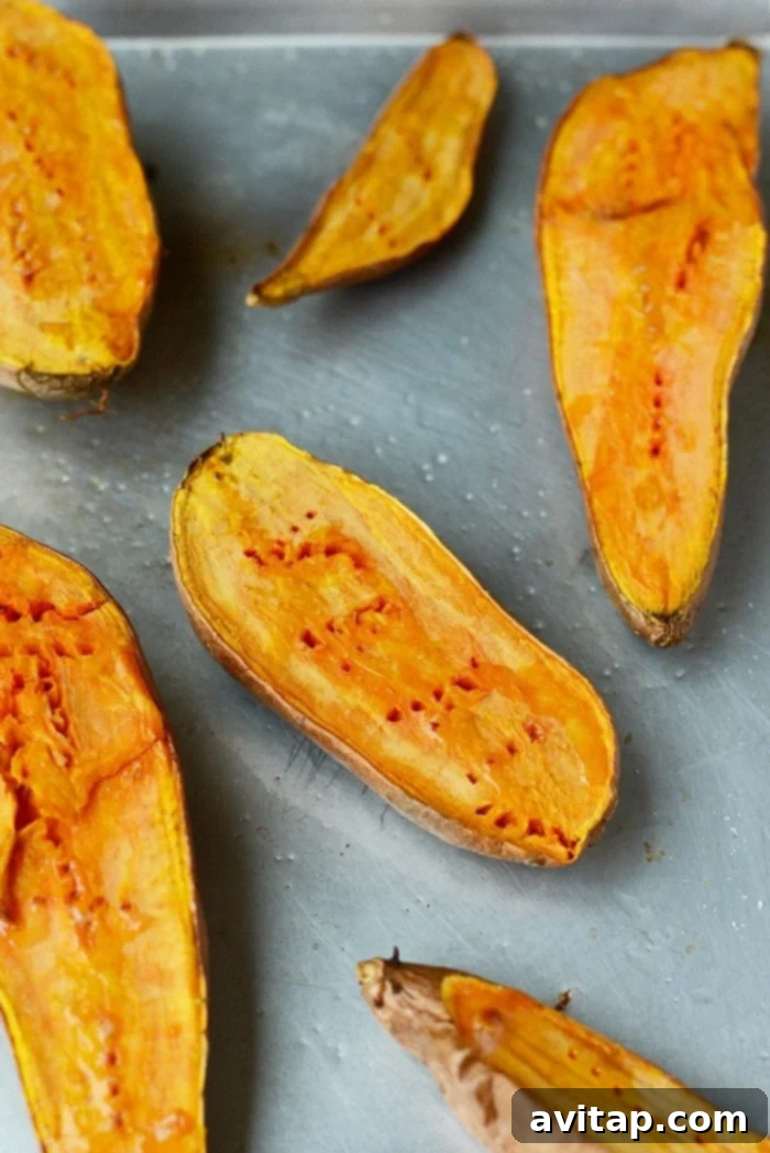 Perfectly roasted sweet potatoes, a key ingredient for flavorful veggie burgers.