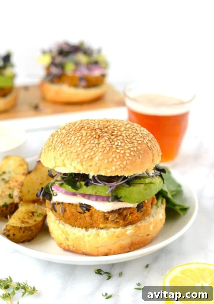A delicious sweet potato burger on a plate, ready to be enjoyed.