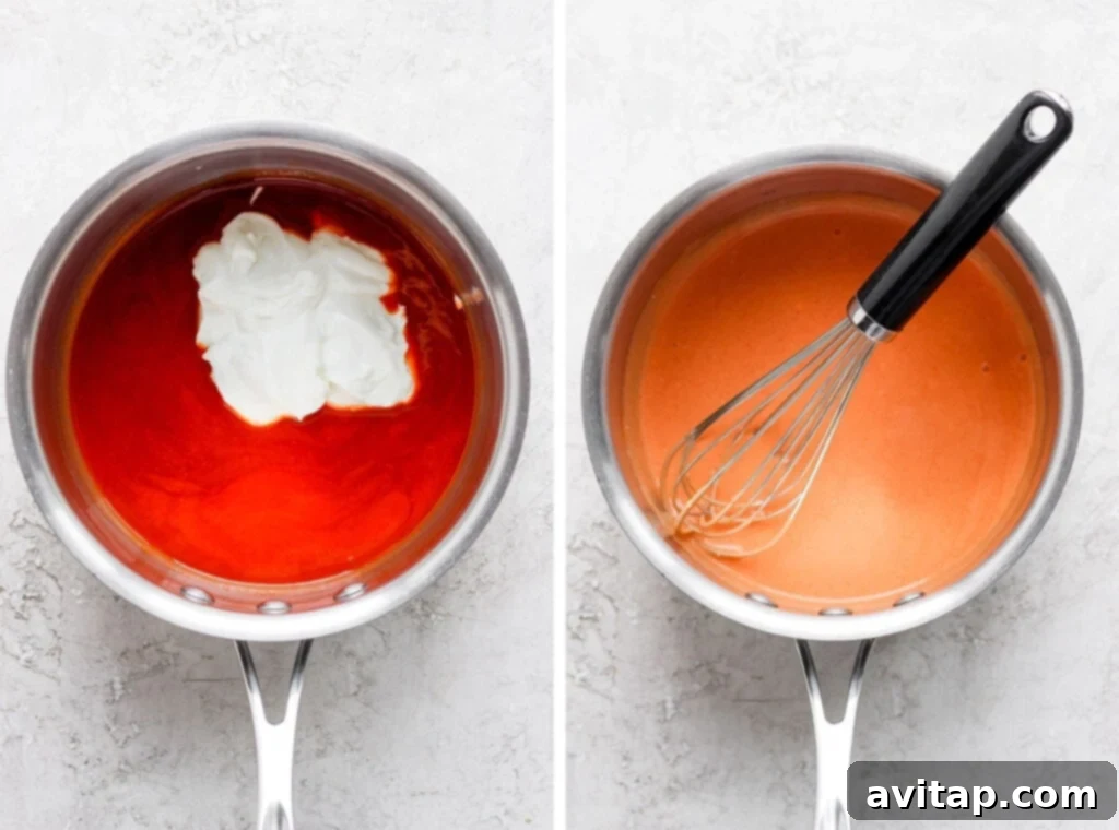 The creamy buffalo sauce comes together as Greek yogurt is whisked into warm buffalo sauce and honey in a small saucepan.