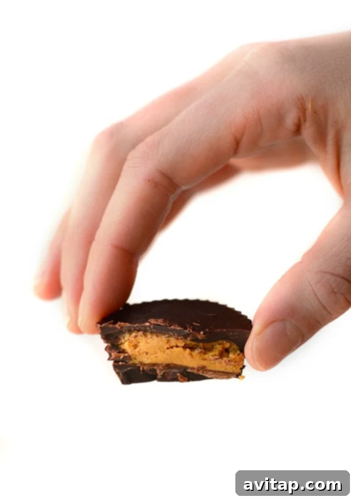 A hand holding a single protein peanut butter cup, showing its perfect shape and chocolate coating.