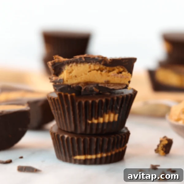 Peanut butter cups stacked on top of each other.