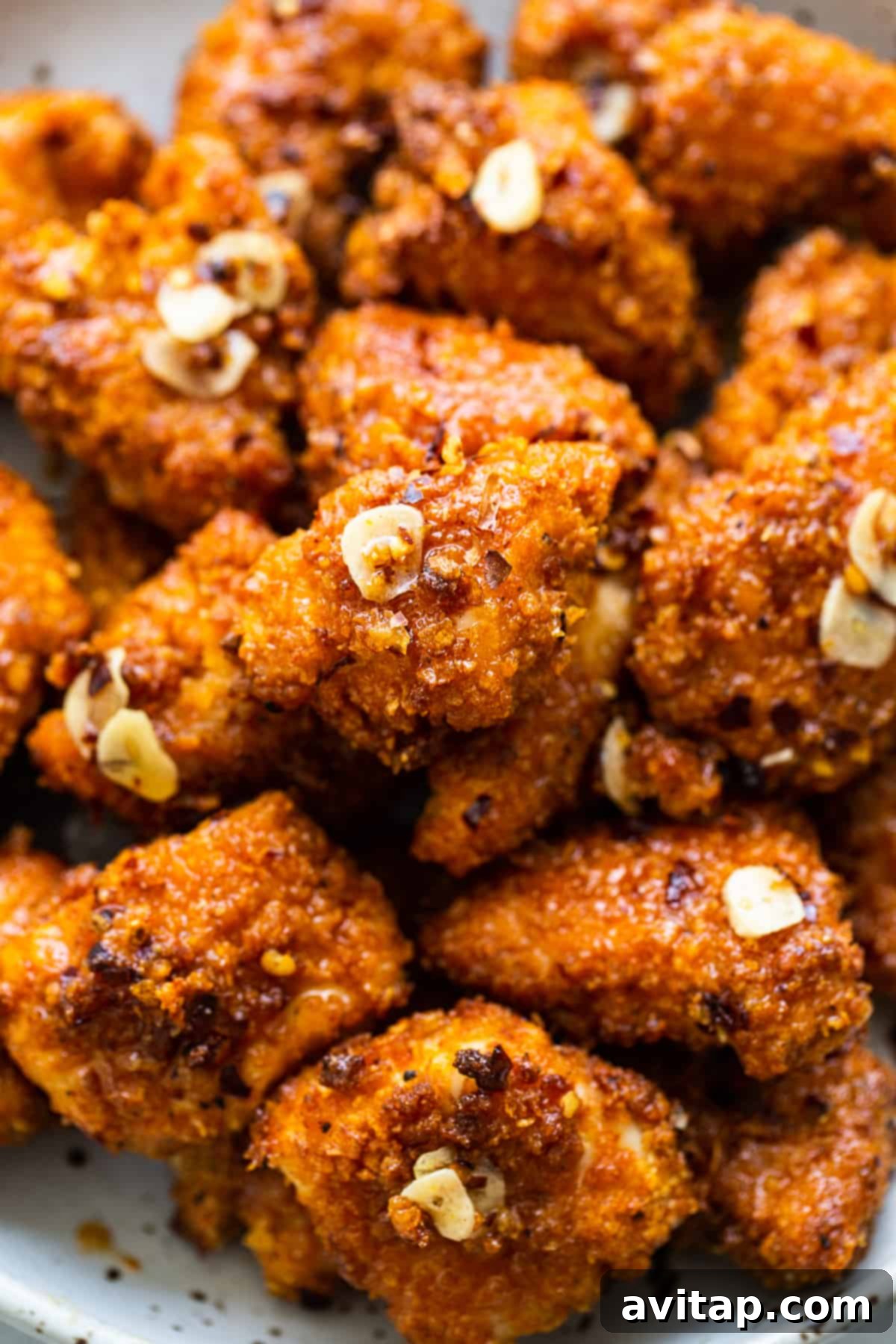 A serving of crispy Air Fryer Hot Honey Chicken poppers artfully arranged on a white plate, garnished and ready for consumption.