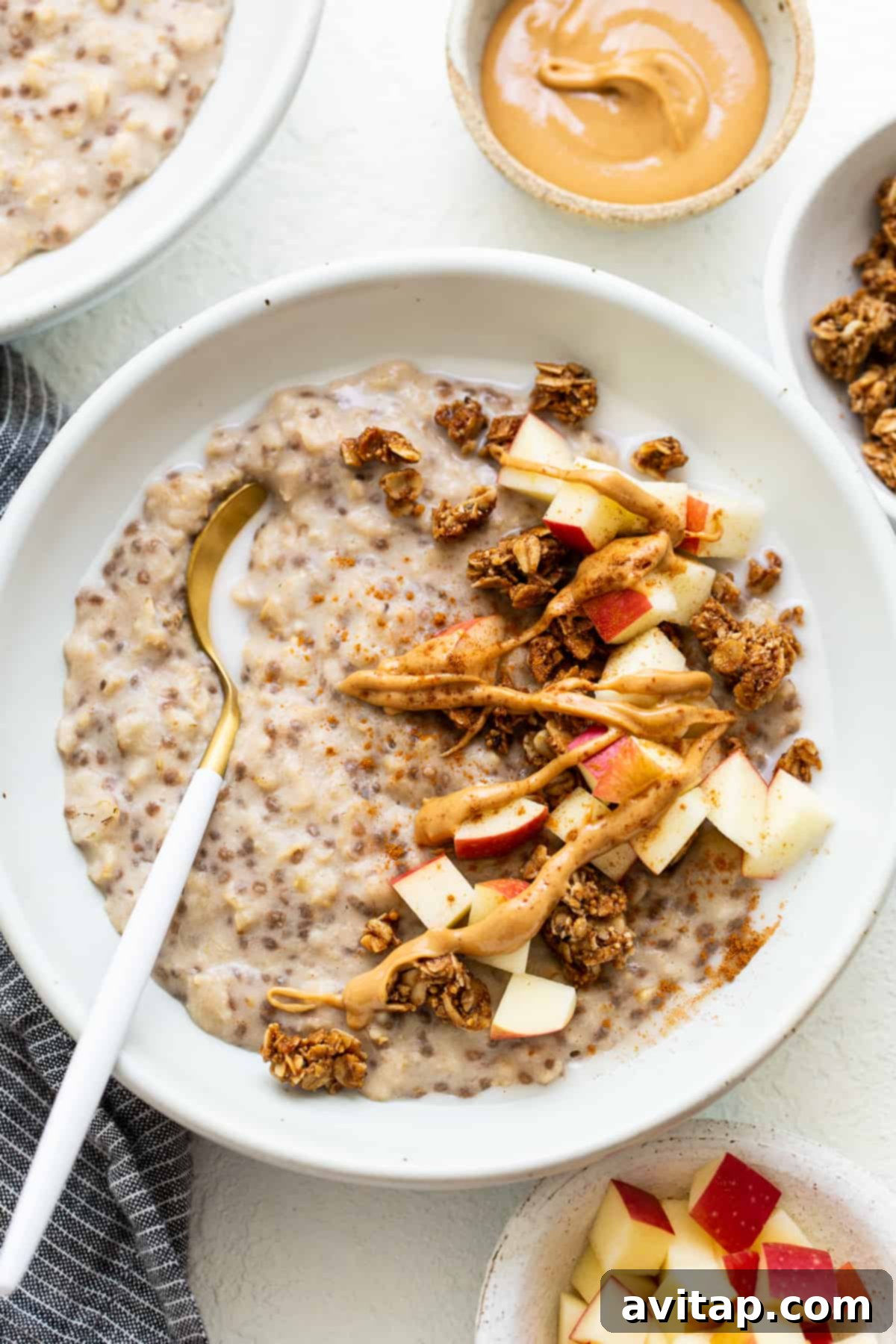 Delicious Stovetop Apple Cinnamon Oatmeal A beautifully presented bowl of warm apple cinnamon oatmeal, garnished with fresh apple slices and a delicate sprinkle of cinnamon, invitingly ready to be enjoyed.