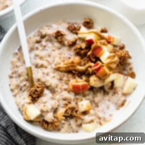 A bowl of apple cinnamon oatmeal, beautifully plated with fresh toppings, ready to be served and enjoyed.