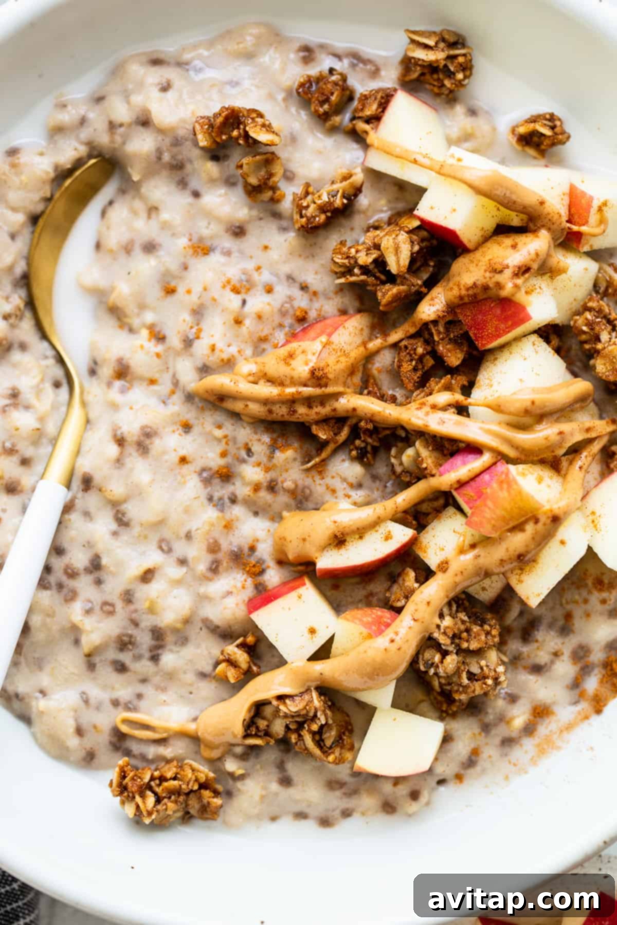 Apple Cinnamon Oatmeal with Toppings A beautifully presented bowl of apple cinnamon oatmeal, generously topped with vibrant fresh apple slices and a luxurious drizzle of creamy nut butter, ready to be savored.