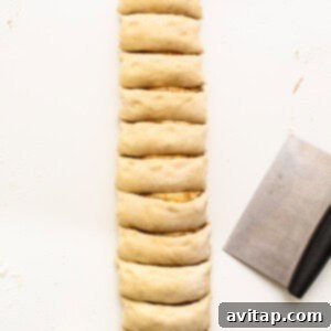 A tightly rolled dough log with filling, ready for slicing.