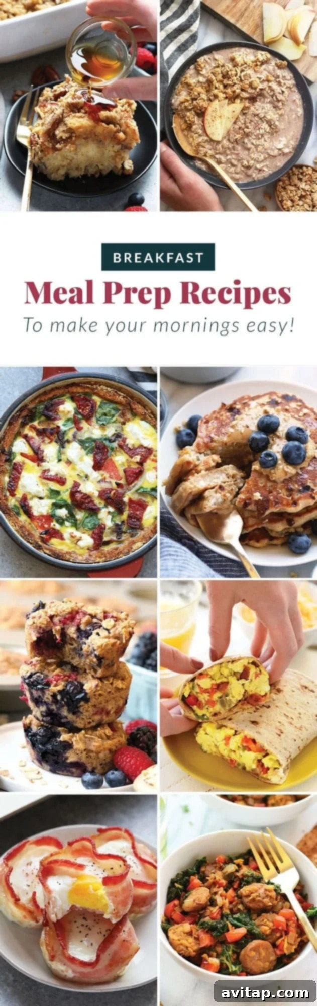 A vibrant collection of various healthy breakfast meal prep options, including egg cups, overnight oats, and fruit parfaits, arranged neatly in containers.