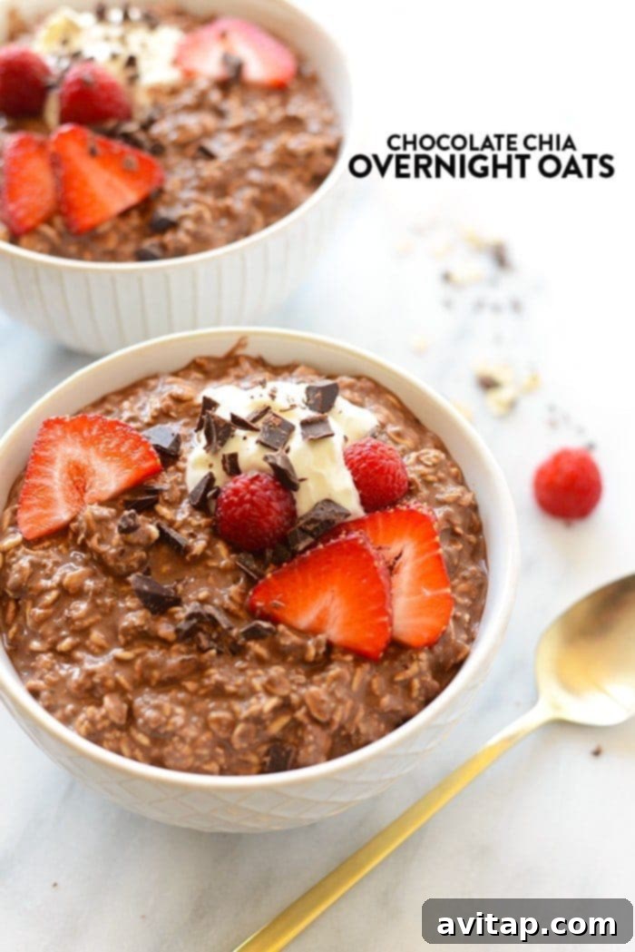 A bowl of rich chocolate chia overnight oats, garnished with chocolate shavings and fresh berries, ready for a delicious breakfast.