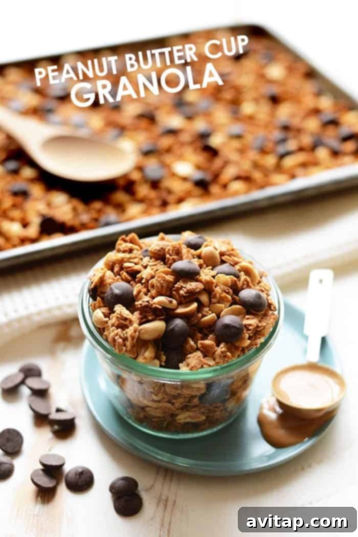 A bowl filled with chunky peanut butter cup granola, showcasing pieces of chocolate and nuts, ready to be enjoyed.
