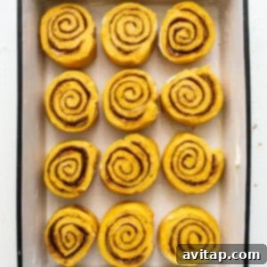 Spiced Pumpkin Cinnamon Rolls 9 Pumpkin cinnamon rolls in a baking dish.
