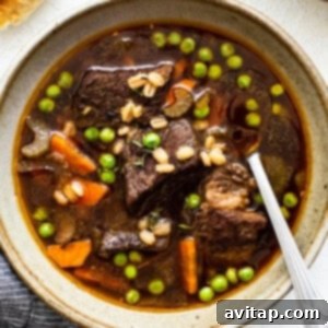 A generously filled bowl of hot beef and barley soup, ready to be enjoyed.