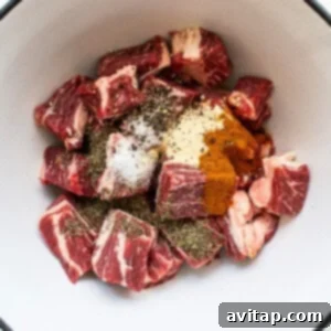 Beef chuck roast seasoned with a blend of spices in a mixing bowl.