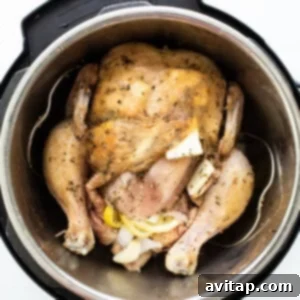 Tender Instant Pot Whole Chicken 6 Raw chicken stuffed with aromatics in an Instant Pot.