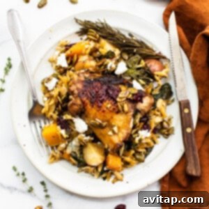 Harvest orzo skillet on a plate, garnished and ready to enjoy.