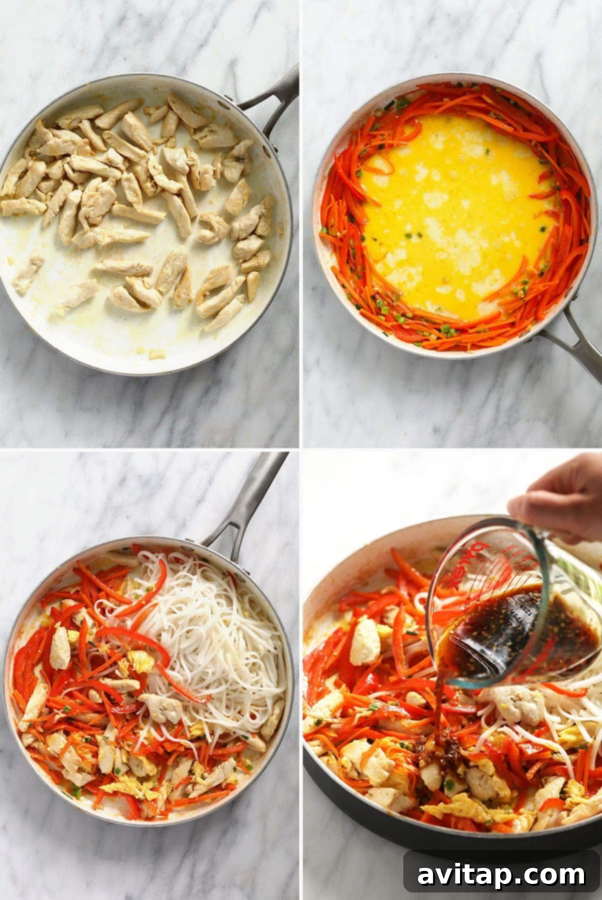 Four sequential photos showing the process of making chicken Pad Thai: sautéing chicken and vegetables, scrambling eggs, adding sauce, and mixing all ingredients.