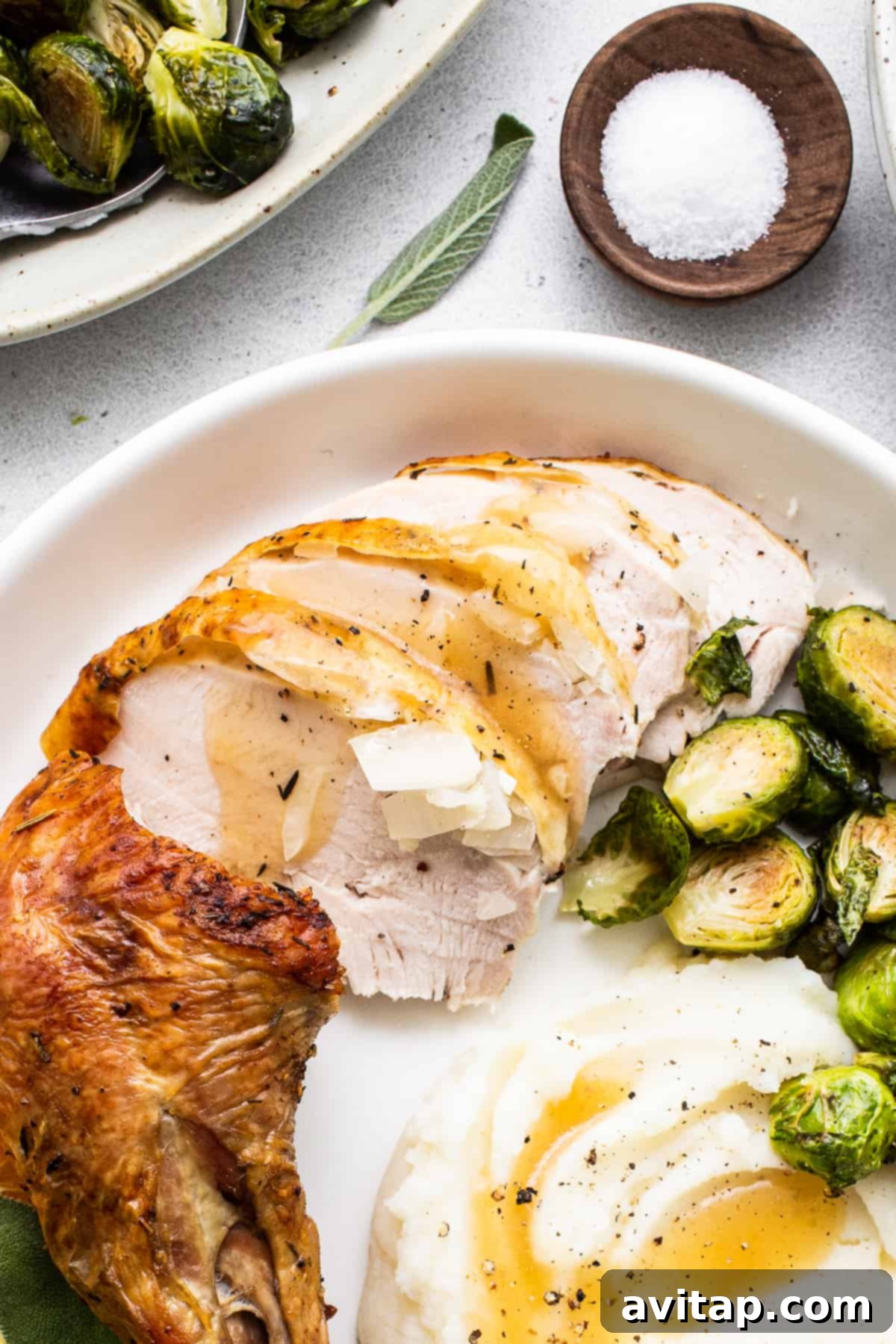 Beautifully sliced turkey served alongside creamy mashed potatoes on a plate, ready for a holiday feast.