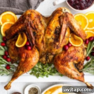 A beautifully roasted spatchcock turkey presented on a platter with cranberry sauce.
