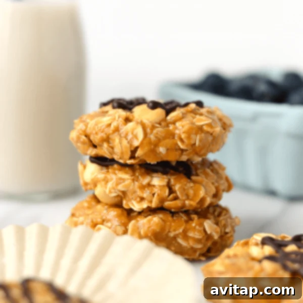 A stack of peanut butter oatmeal cookies with blueberries and a glass of milk.