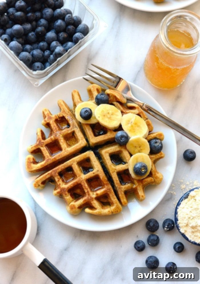 A single healthy blueberry waffle presented beautifully on a white plate, ready for a wholesome breakfast.