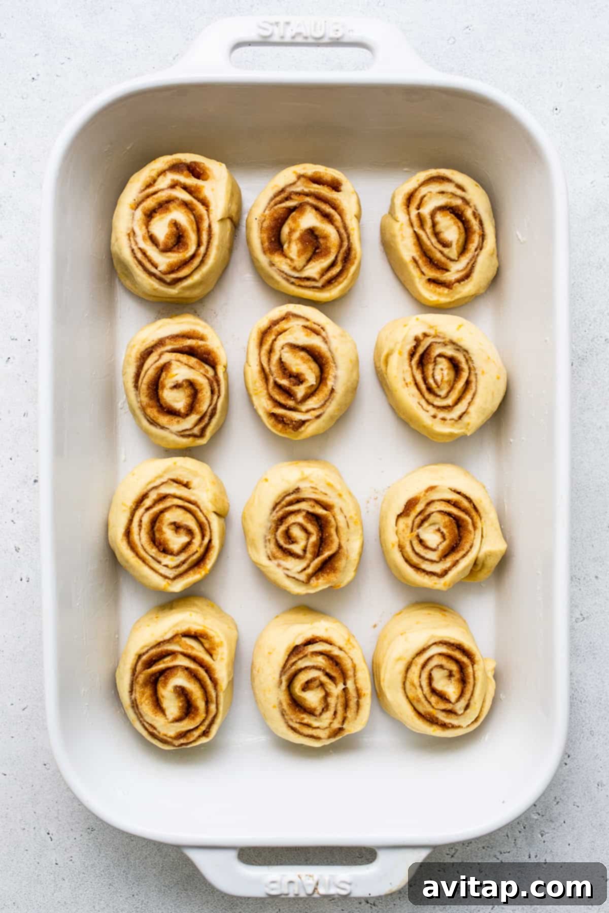 Rows of perfectly sliced sweet orange rolls arranged neatly in a baking pan, poised for their final rise and baking, nestled together.