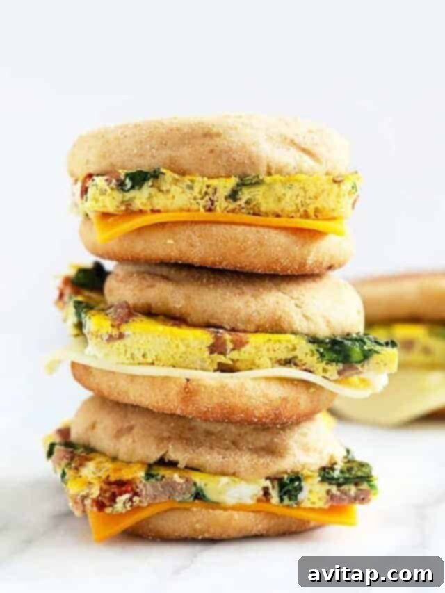 15 Delicious Breakfast Egg Recipes 14 A stack of delicious freezer breakfast sandwiches, ready to be heated, featuring egg, cheese, and sun-dried tomatoes.