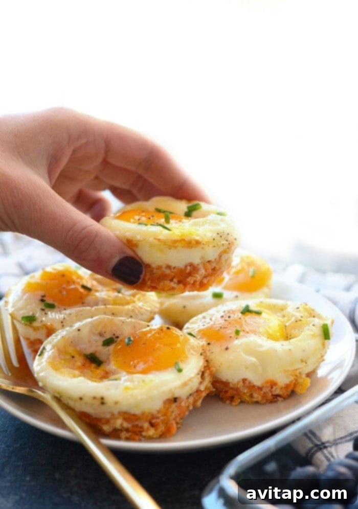 15 Delicious Breakfast Egg Recipes 9 A hand holding a plate of savory sweet potato hash egg cups, showcasing their vibrant colors.