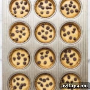 Delicious Banana Bread Muffins 6 Chocolate chip muffins in a muffin tin.
