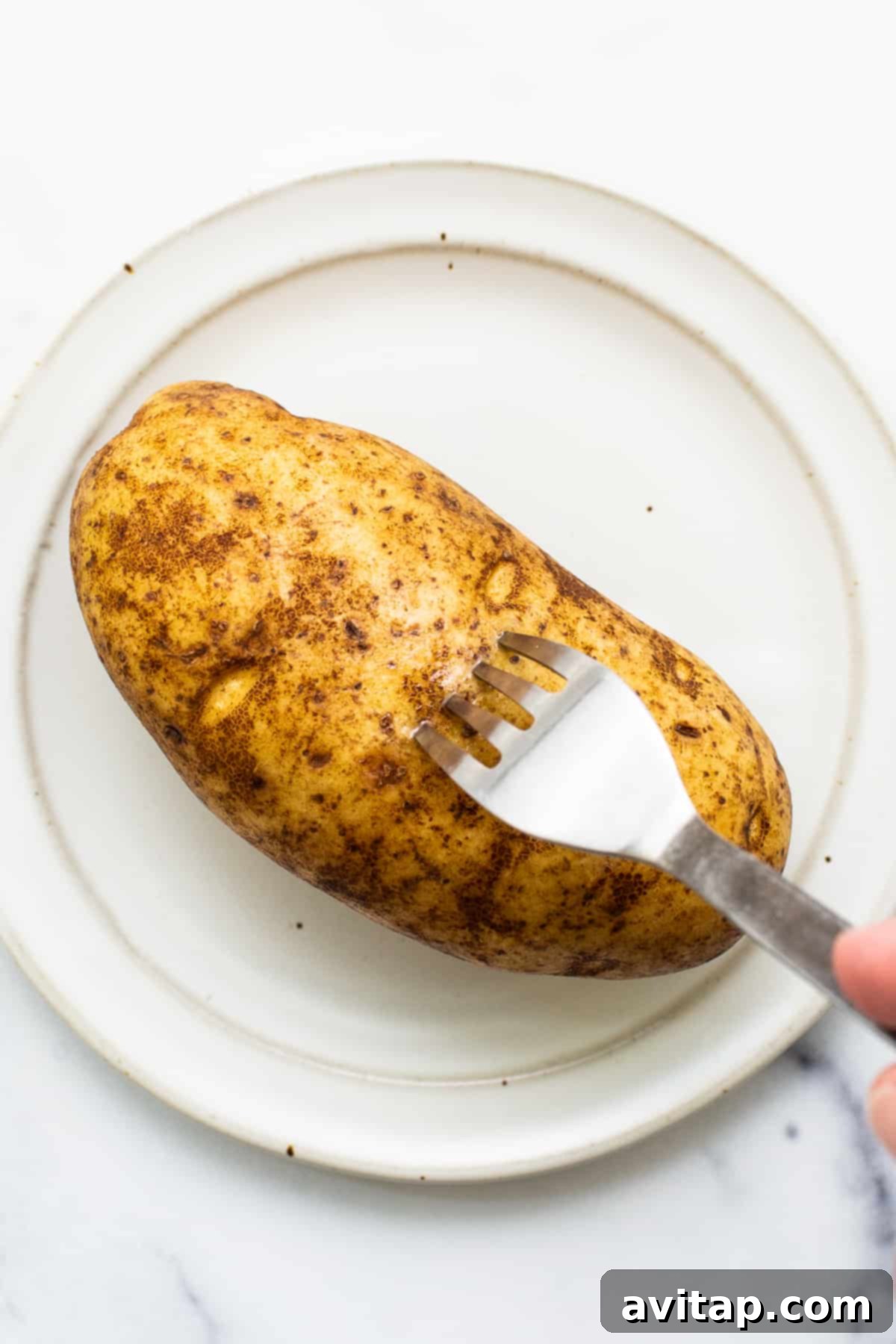 Perfect Microwave Baked Potato 3 Poking multiple holes in a russet potato with a fork before microwaving.