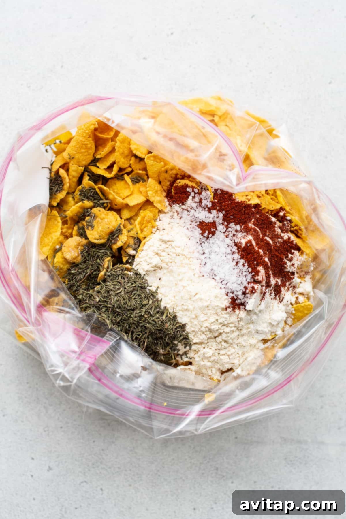 Selection of dry ingredients for chicken breading in a resealable bag.
