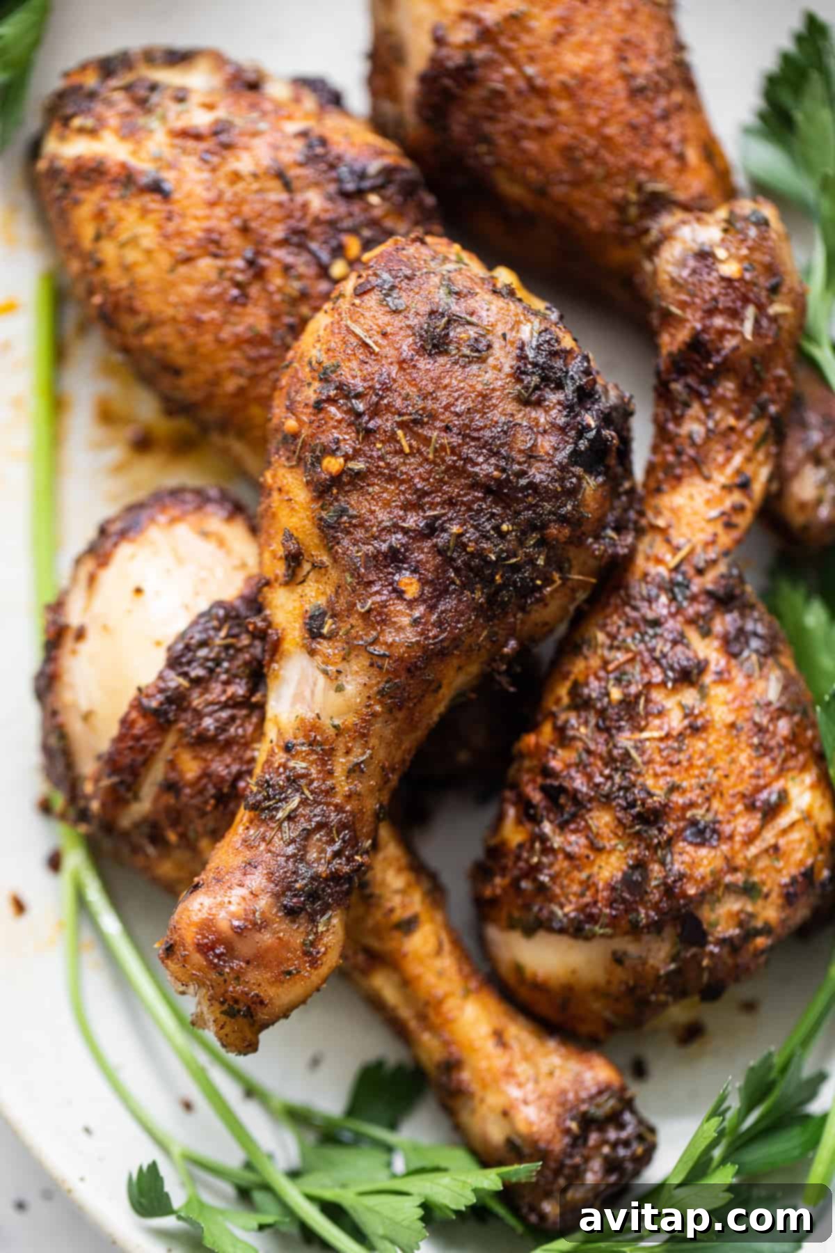 Baked chicken legs arranged neatly on a serving plate, showcasing their golden-brown, crispy skin.