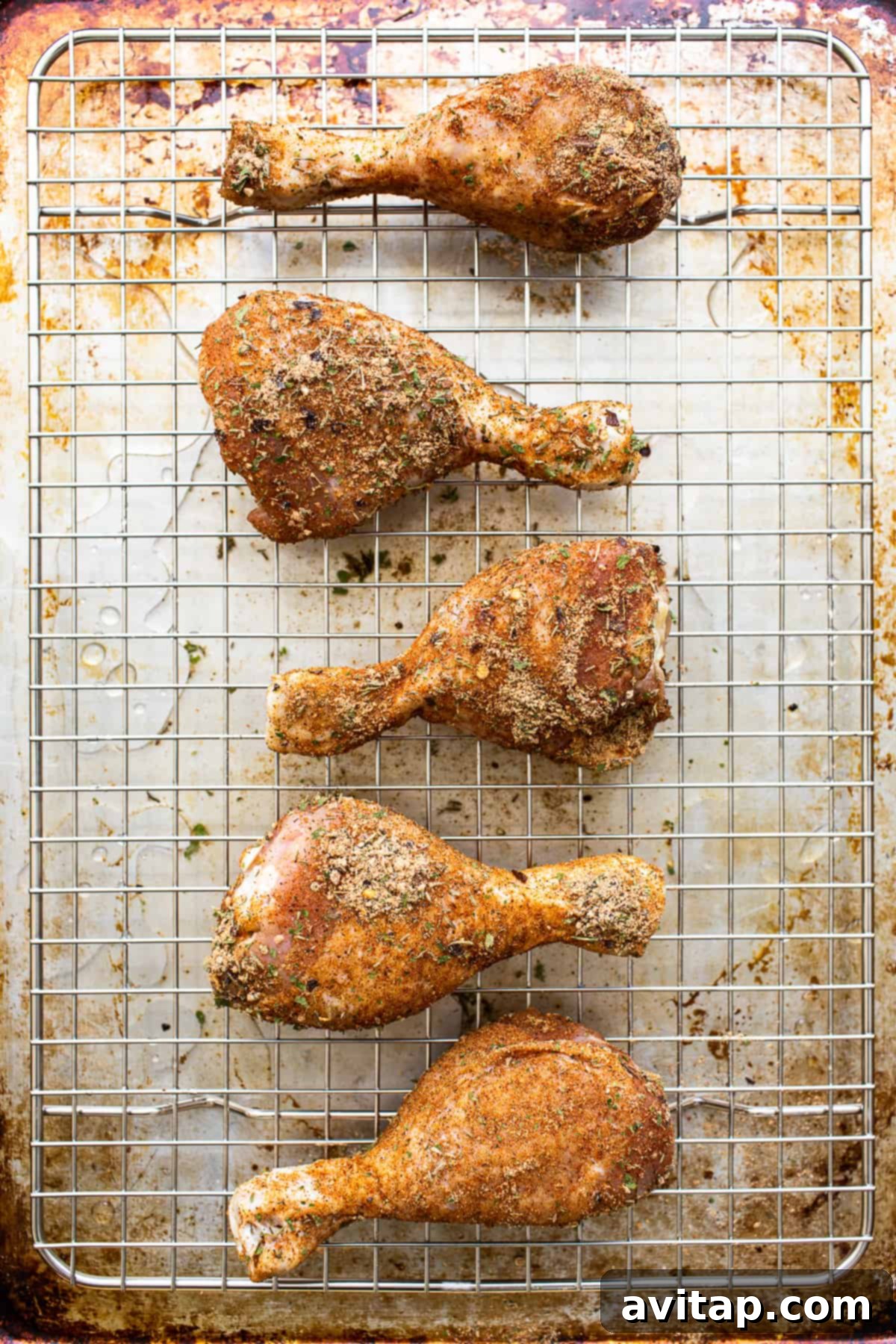 Several seasoned chicken legs resting on a wire rack over a baking sheet, ready for the oven.