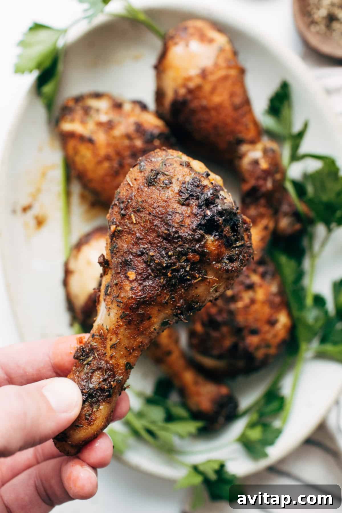A hand holding a perfectly baked, crispy chicken leg against a blurred background of a dinner setting.