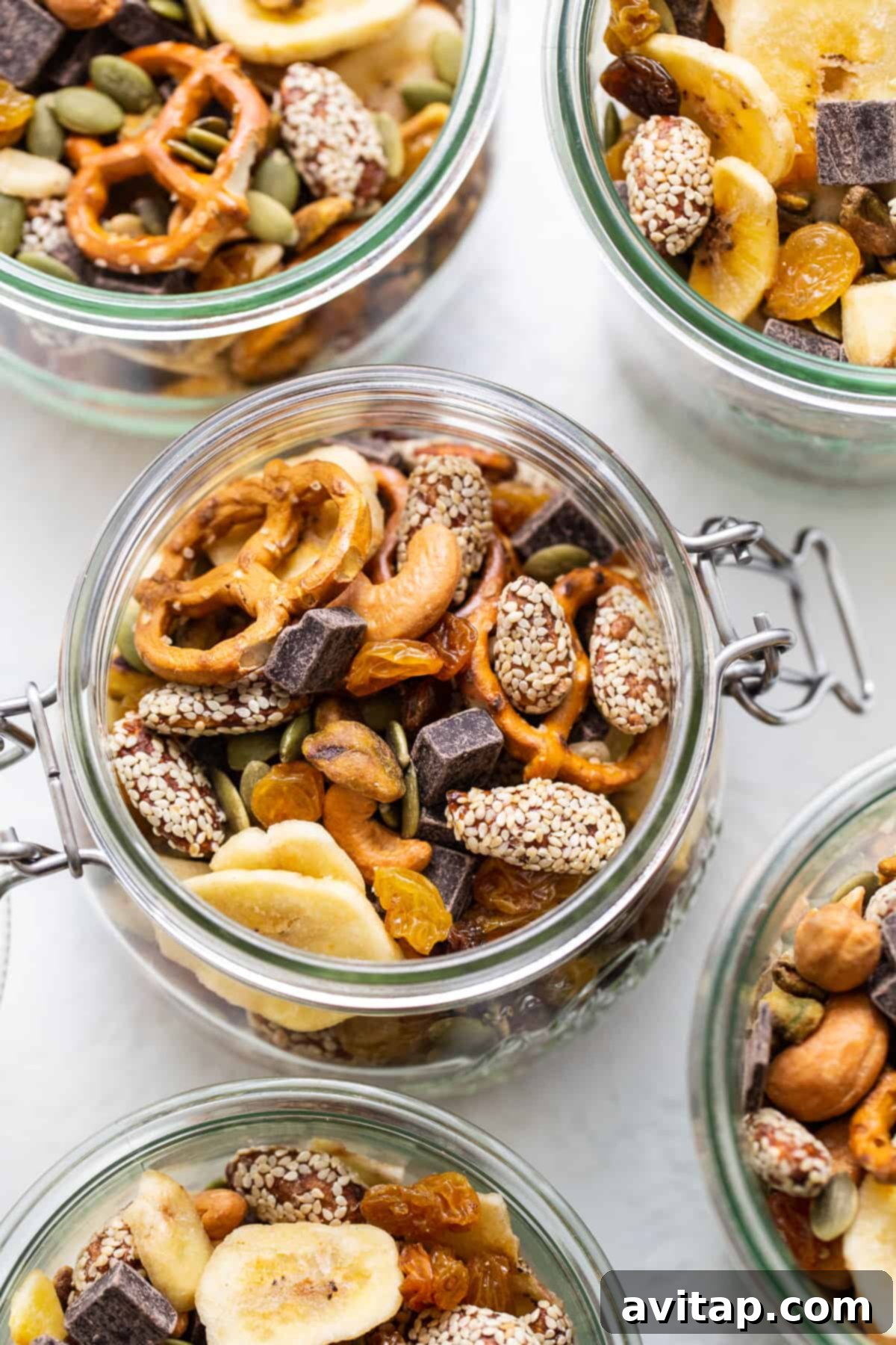 Homemade trail mix in a mason jar.
