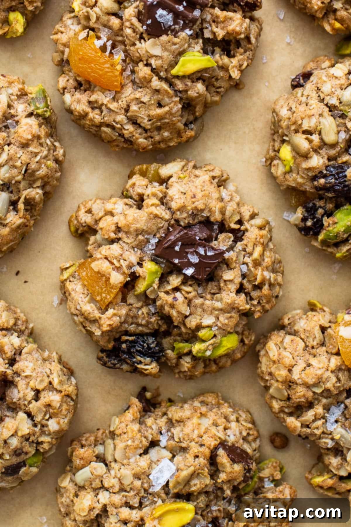 Freshly baked trail mix cookies cooling on a baking sheet, ready to be enjoyed.