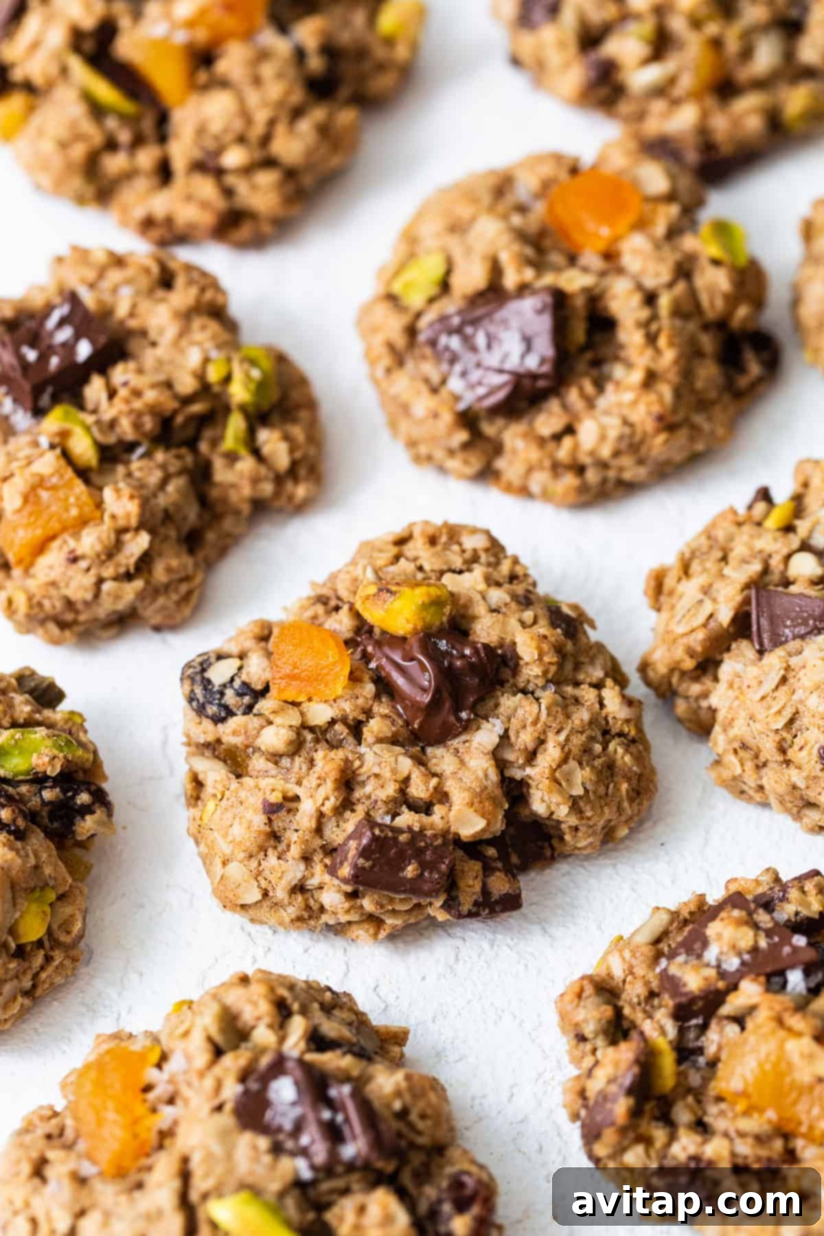 A charming close-up of a plate filled with freshly baked trail mix cookies, showcasing their inviting textures and delicious ingredients.