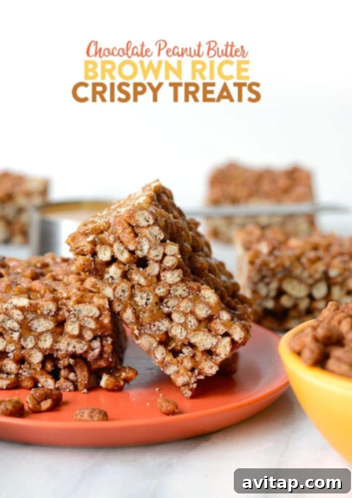 Delicious and healthy chocolate peanut butter brown rice crispy treats, a perfect wholesome dessert for families.