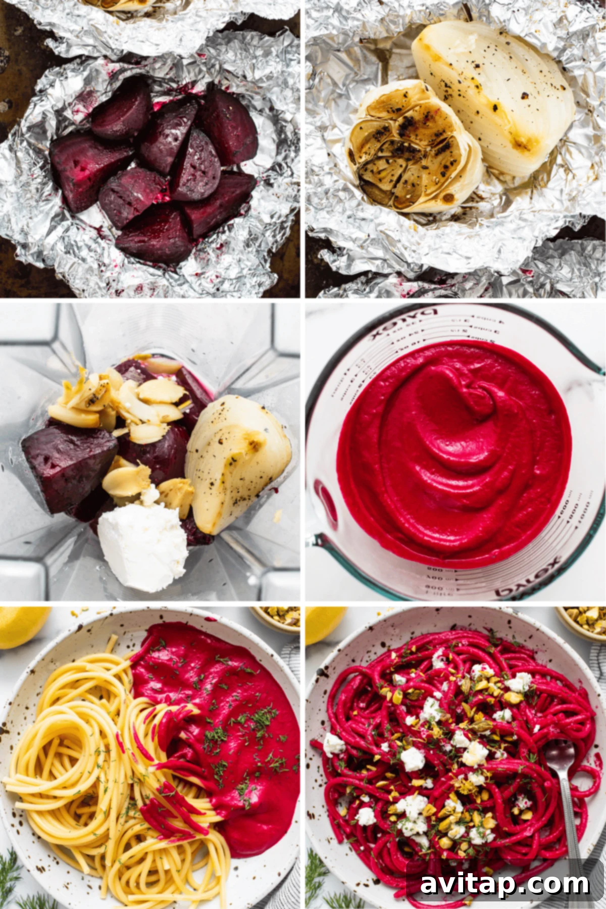 Roasted Garlic Beet Bliss Pasta 3 A collage showing beets and onions ready for roasting, the vibrant beet sauce blending, and the finished pink pasta dish garnished with cheese and herbs.