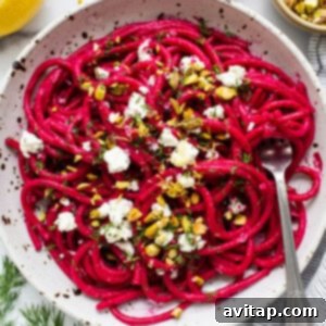 Roasted beet pasta in a bowl.