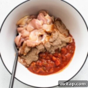Chicken strips marinating in salsa and fajita seasoning in a mixing bowl.