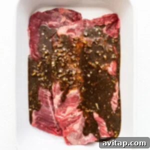 Skirt steak with marinade, beautifully prepared.