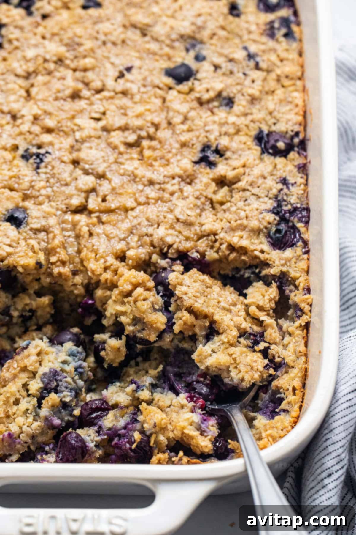 Blueberry muffin baked oatmeal in a casserole dish, fresh out of the oven.