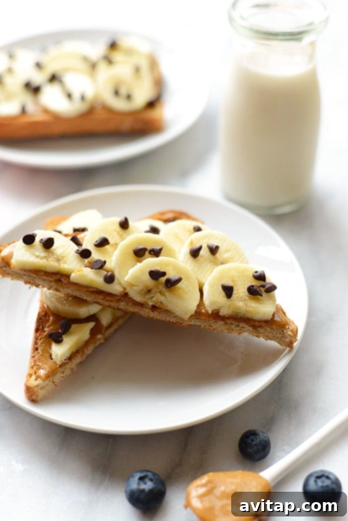 Peanut Butter Banana Toast with a drizzle of honey and chocolate chips