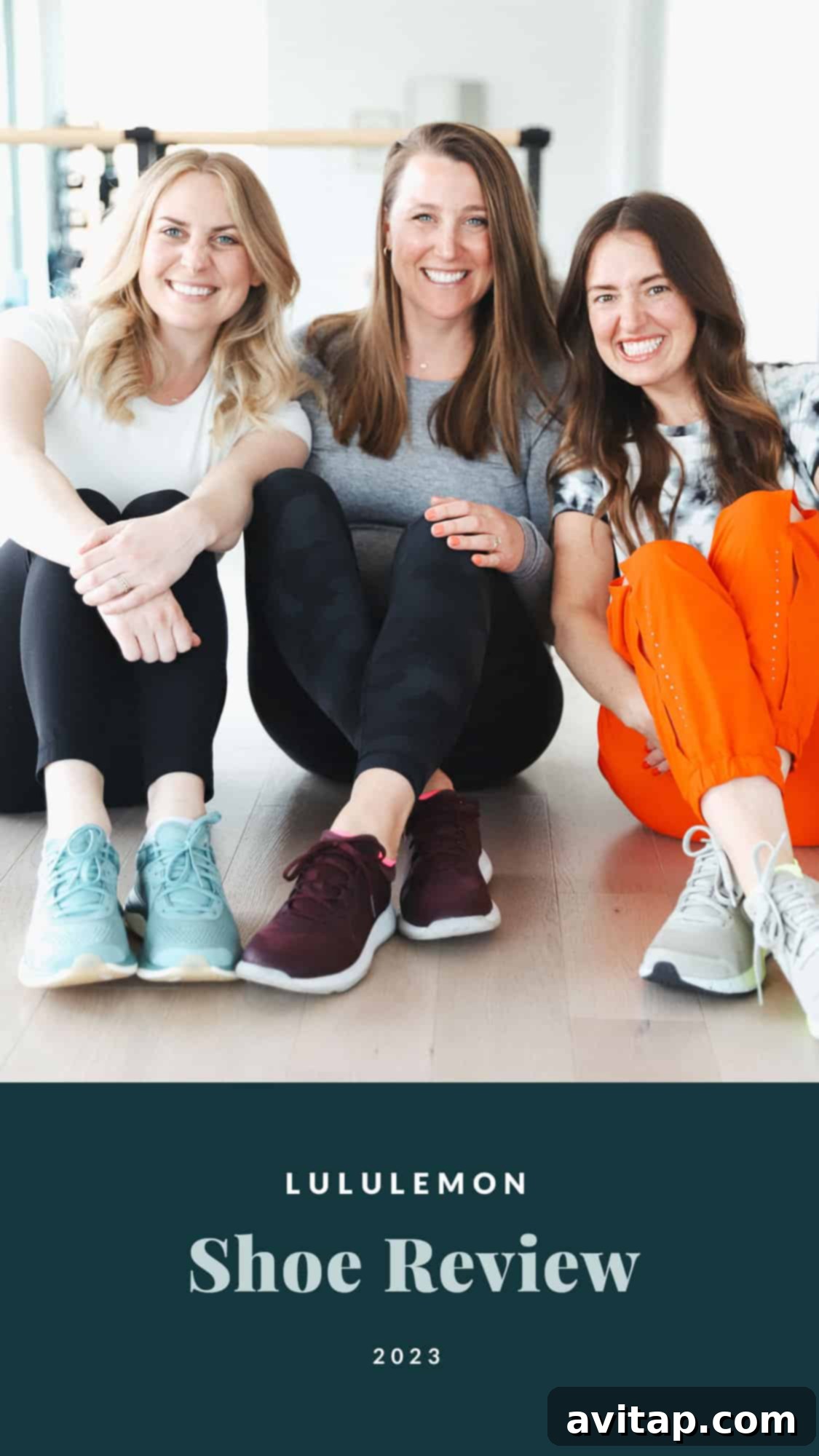 Three women sitting on the floor smiling, showcasing their Lululemon shoes ready for various workouts and casual wear.