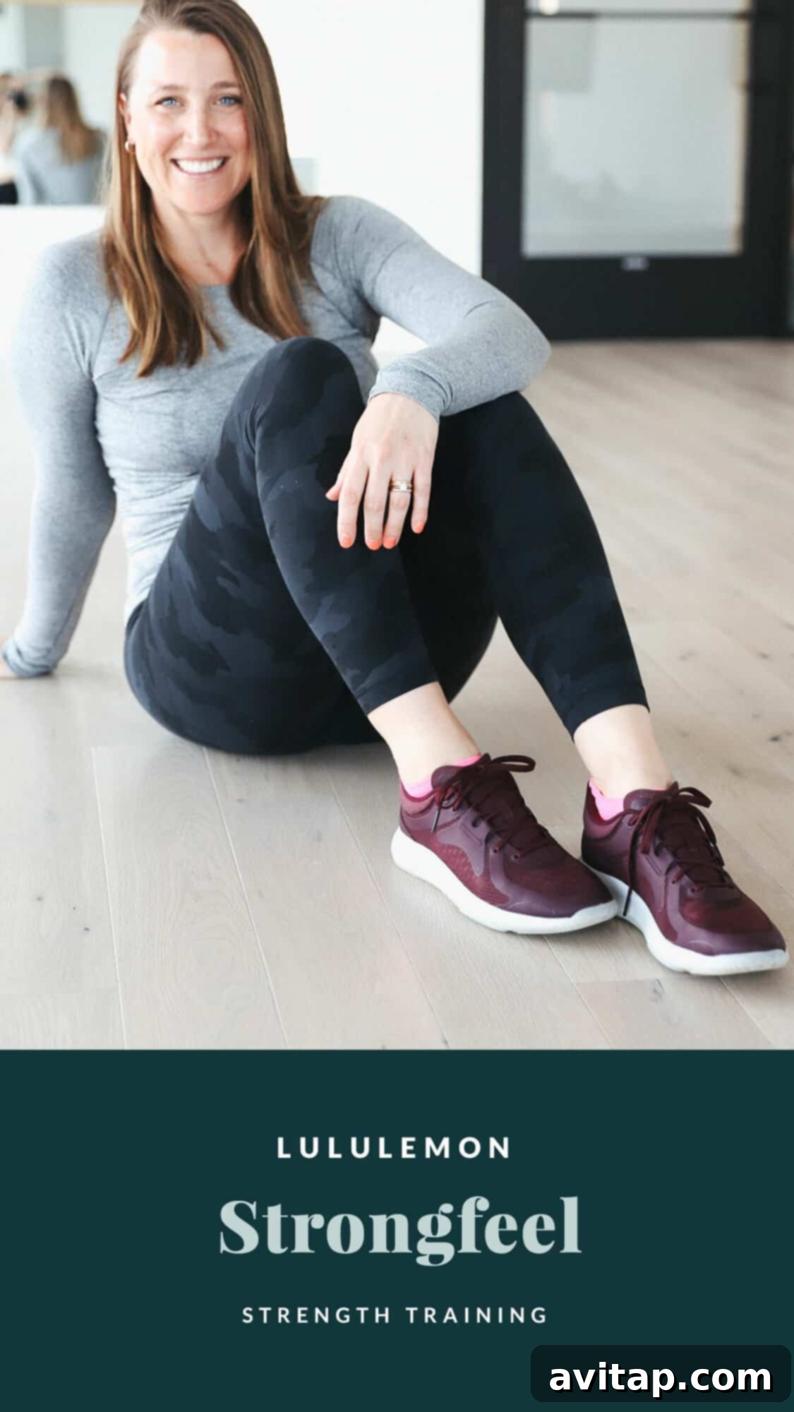 Women sitting on the floor wearing Lululemon Strongfeel training shoes, highlighting their sturdy design.