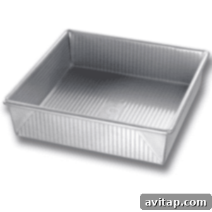 An aluminum 9x9-inch baking pan, essential for baking a perfect coffee cake.