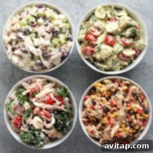 Fiesta Street Corn Chicken Salad 8 Four different varieties of chicken salad in individual bowls.