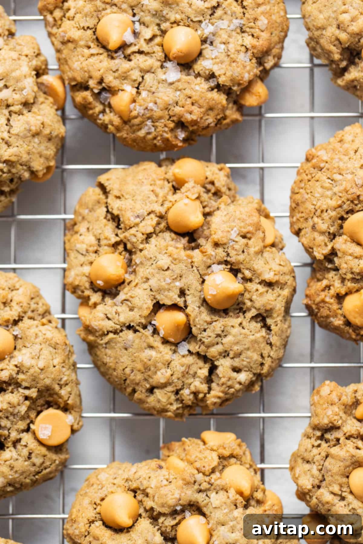Delicious brown butter oatmeal butterscotch cookies cooling on a wire rack, with flaky sea salt visible on top.